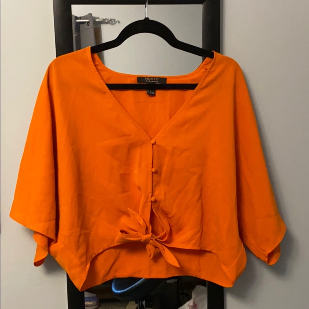 Forever 21 Bright Orange Tie-Front Blouse- Size XL